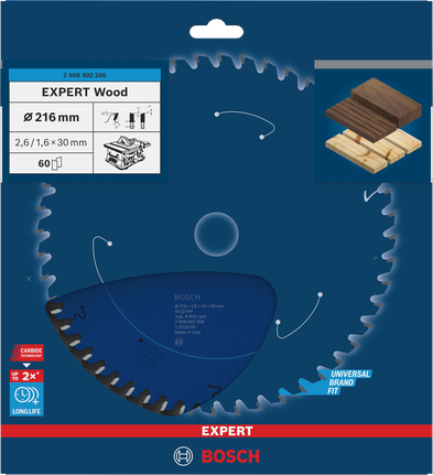 Bosch EXPERT Wood -pyörösahanterä 216 mm T60 pitkäikäiseen puun sahaamiseen.