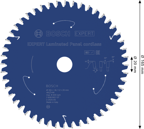 Bosch EXPERT laminoitujen paneelien akkupyörösahanterä, 165 mm, 48 hammasta.