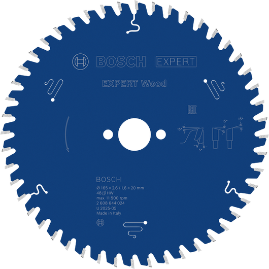 Bosch EXPERT Wood -pyörösahanterä, 165 mm, siistiin puun leikkaukseen.