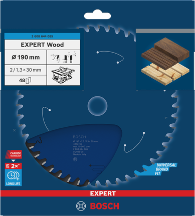Bosch EXPERT Wood -pyörösahanterä 190 mm siisteihin puun sahauksiin.