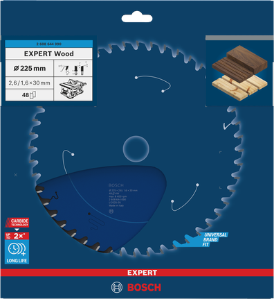 Bosch EXPERT Wood -pyörösahanterä, 225 mm, tarkkaan puun sahaamiseen.