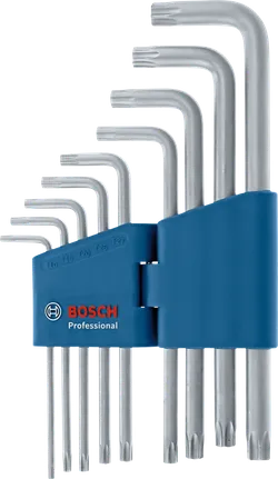 Yhdeksän L-muotoisen tähtiavaimen sarja sinisessä pidikkeessä.