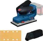 Bosch GSS18V-18 akkukäyttöinen hiomakone pölypussilla.