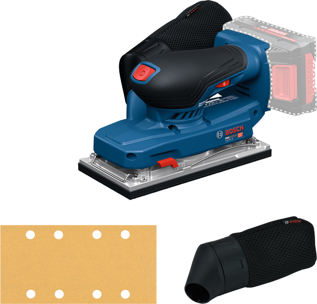 Bosch GSS18V-18 akkukäyttöinen hiomakone pölypussilla.