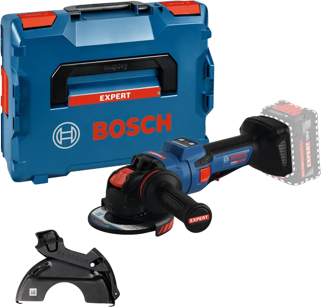 Bosch akkukulmahiomakonesarja kotelolla ja suojuksella.