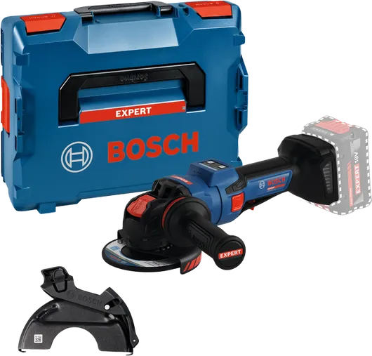 Bosch akkukulmahiomakonesarja kotelolla ja suojuksella.