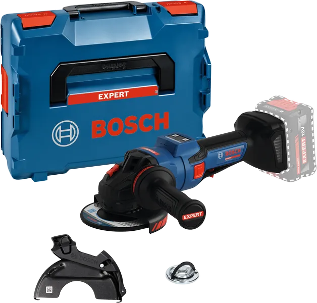 Bosch EXWS18V-15PS kulmahiomakone kotelossa ja tarvikkeilla.