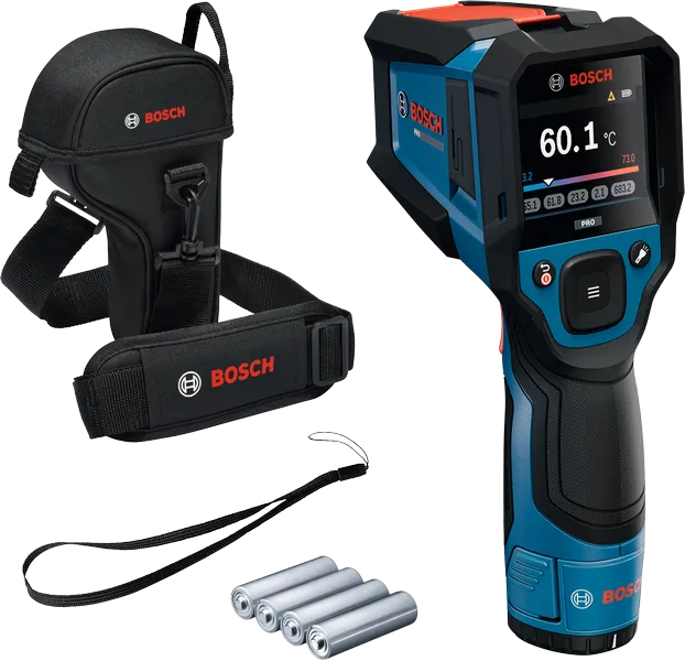 Bosch GIS 800 -lämpöilmaisin kotelolla ja paristoilla.