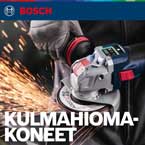 Bosch Professional kulmahiomakone, jossa sinkku, taustalla kipinöitä ja tumma vaatteet.