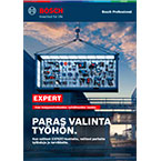 Bosch Professional -työkalupakkia, jossa on erilaisia työkaluja, kuten pora, ruuvinväännin ja saha. Taustalla näkyy teollinen ympäristö.