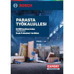 Bosch Professional -työkalut, tyhjät laatikot ja puupinot teollisuustilassa.