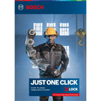 Työntekijä Bosch-työkalujen kanssa, keltainen kypärä, sininen tausta.