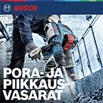 Bosch Professional poravasara työskentelee betonipinnalla, pölyä nousee ympäriltä.