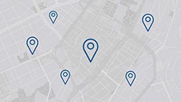 Kartta, jossa useita sinisiä sijaintimerkkejä eri paikoilla.