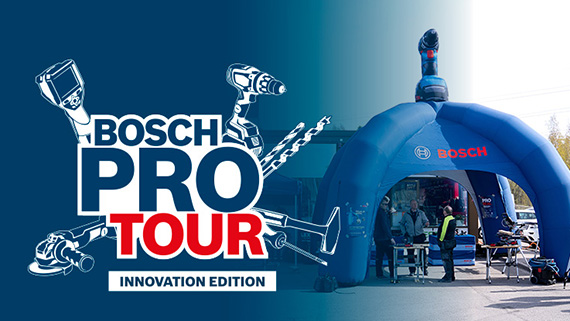 Bosch Pro Tour -tapahtuma, jossa esillä työkaluja ja ihmisiä teltassa.