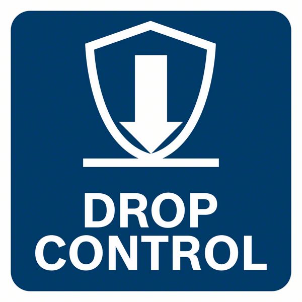 Sininen DROP CONTROL -merkki valkoisella tekstillä ja nuolella alaspäin.
