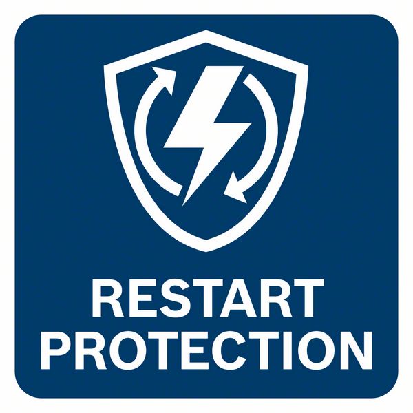 Sininen kilpi, salama ja teksti "RESTART PROTECTION" valkoisella.