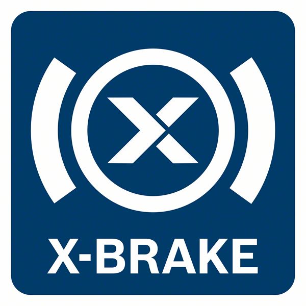 Sininen X-BRAKE-logo valkoisella tekstillä, ympyröity ja symboli keskellä.