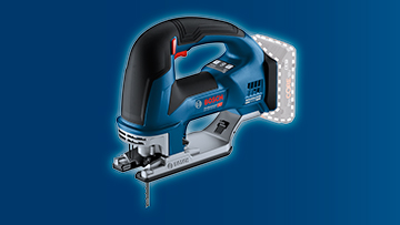 Sininen Bosch Professional jyrsin työkalujen taustalla, moderni ja ergonominen muotoilu.