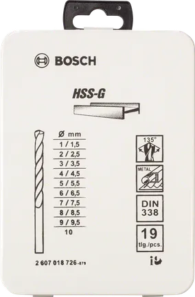 Coffret de 19 forets à métaux HSS-G Bosch 1–10 mm.