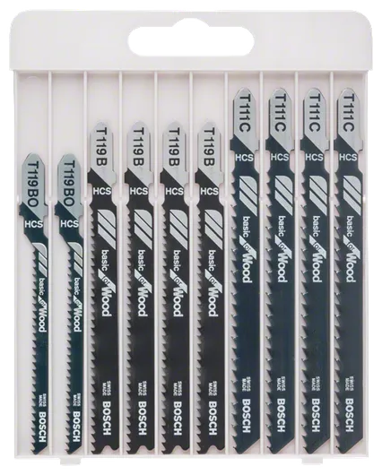 Jeu de 10 lames de scie sauteuse Bosch pour la coupe du bois.
