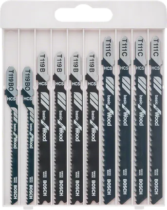 Jeu de 10 lames de scie sauteuse Bosch pour la coupe du bois.