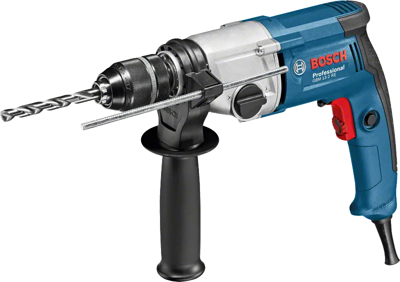 Perceuse Bosch GBM 13-2 RE avec poignée latérale et jauge de profondeur.