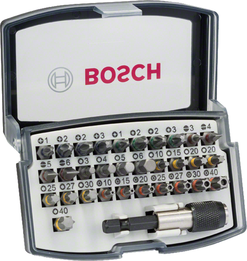 Jeu d'embouts de tournevis Bosch 32 pièces avec support universel à changement rapide.
