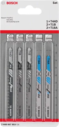 Jeu de 5 lames de scie sauteuse à queue en T Bosch pour bois et métal.