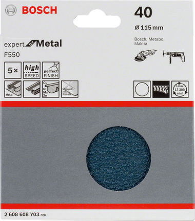 Paquet de 5 feuilles abrasives Bosch F550, grain 40, 115 mm.