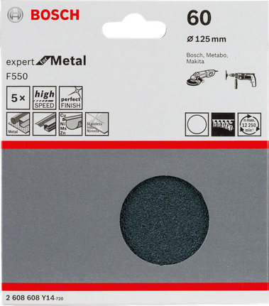 Papier abrasif Bosch F550, paquet de 5 pour métal, grain 60.