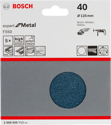 Papier abrasif Bosch F550, grain 40, lot de 5, 125 mm.