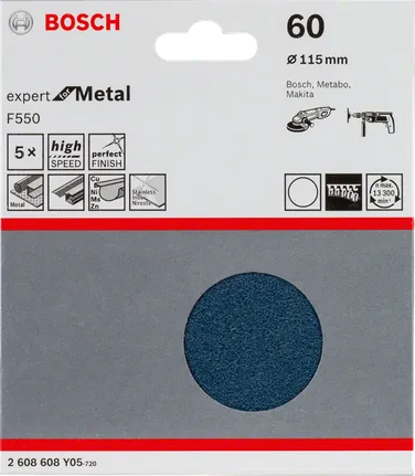 Papier abrasif Bosch F550 grain 60, paquet de 5, 115 mm.