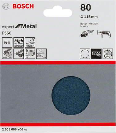 Paquet de 5 feuilles abrasives Bosch F550, grain 80, 115 mm.