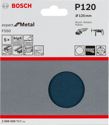 Papier abrasif Bosch F550, paquet de 5, 125 mm, grain 120.