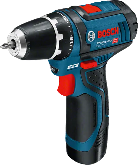 Perceuse-visseuse sans fil Bosch GSR 12V-15 avec poignée ergonomique.