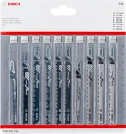 Jeu de 10 lames de scie sauteuse à tige en T Bosch pour le bois.