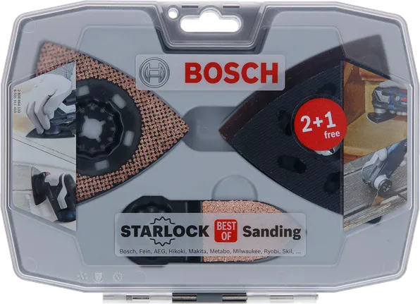 Kit de ponçage Bosch Starlock avec lame en carbure et plateaux de ponçage.