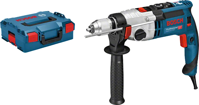 Perceuse Bosch GSB 21-2 RCT avec poignée latérale et mallette de transport.