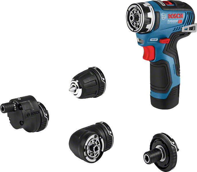 Perceuse Bosch GSR 12V-35 FC avec quatre têtes interchangeables.