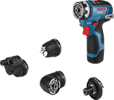 Perceuse Bosch GSR 12V-35 FC avec quatre têtes interchangeables.