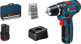 Coffret perceuse-visseuse sans fil Bosch GSR 12V-15 avec coffret et accessoires.