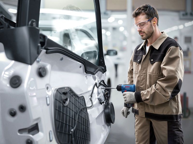 Une personne portant un équipement de sécurité utilise un outil électrique pour fixer des pièces sur une porte de véhicule.