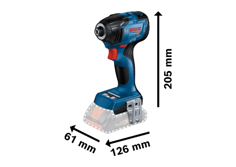 Dimensions de la visseuse à chocs sans fil Bosch GDR 18V-210 C présentées.