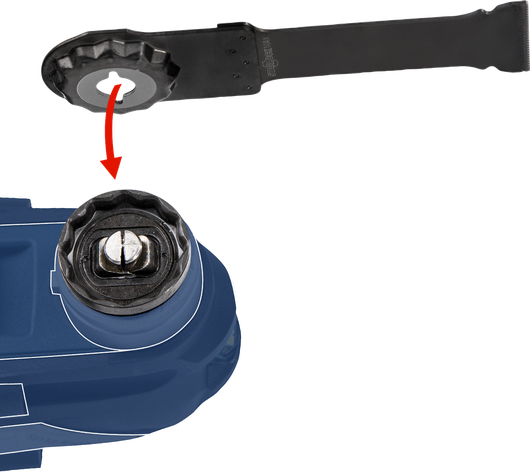Fixation d'un accessoire multifonction à un outil électrique avec un mécanisme de verrouillage.