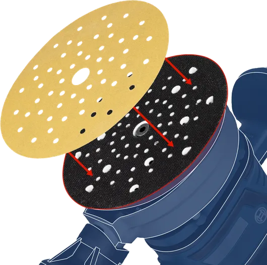 Disque de ponçage aligné avec un plateau correspondant sur une ponceuse électrique.