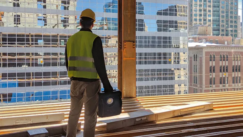Un ouvrier du bâtiment surplombe la ville.