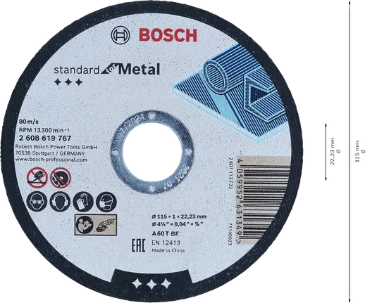 Disque à tronçonner droit Bosch Standard for Metal 115 mm.