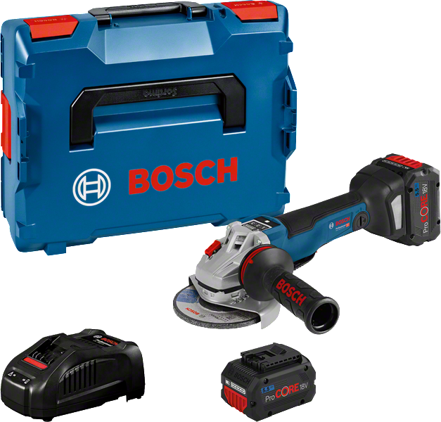 Ensemble de meuleuse d'angle Bosch GWS 18V-10 avec coffret et batteries.