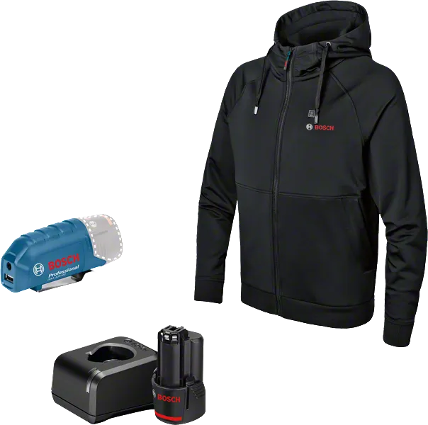 Ensemble veste chauffante Bosch avec batterie et chargeur.